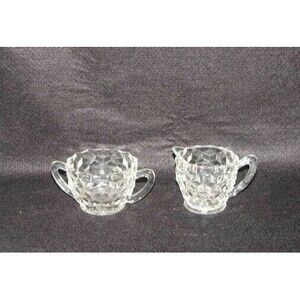 Vintage Jeanette Glass Clear Cubist Pattern Sugar Bowl & Creamer